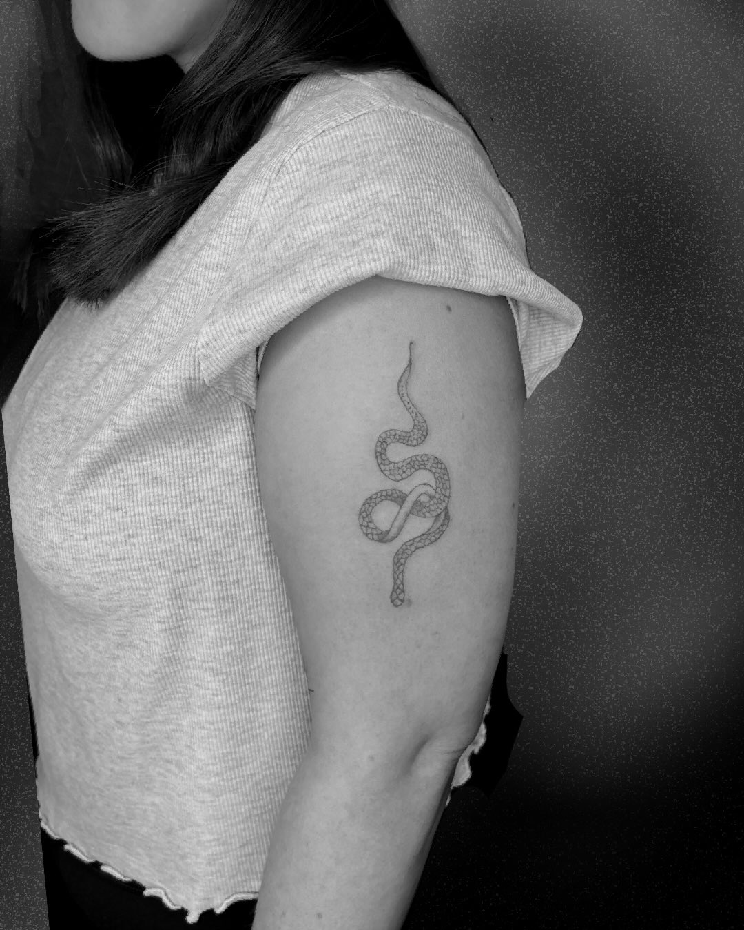 Delicate fine line snake tattoo idea for women coiled along the arm