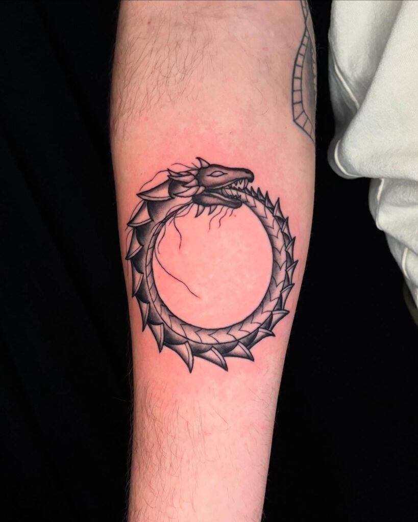 Ouroboros dragon tattoo for women shown consuming its own tail in a closed circle
