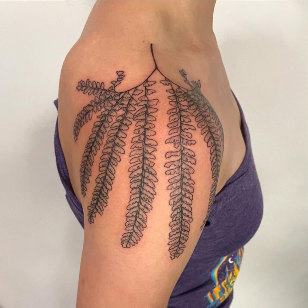 Maidenhair fern tattoo with rounded fan-shaped leaflets on fine dark stems