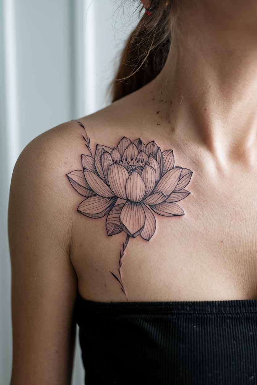 lotus blossom collarbone tattoo in fine line black ink