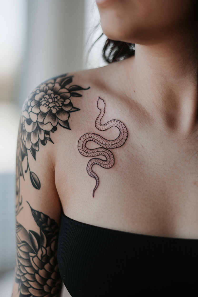 snake silhouette collarbone tattoo in fine line black ink