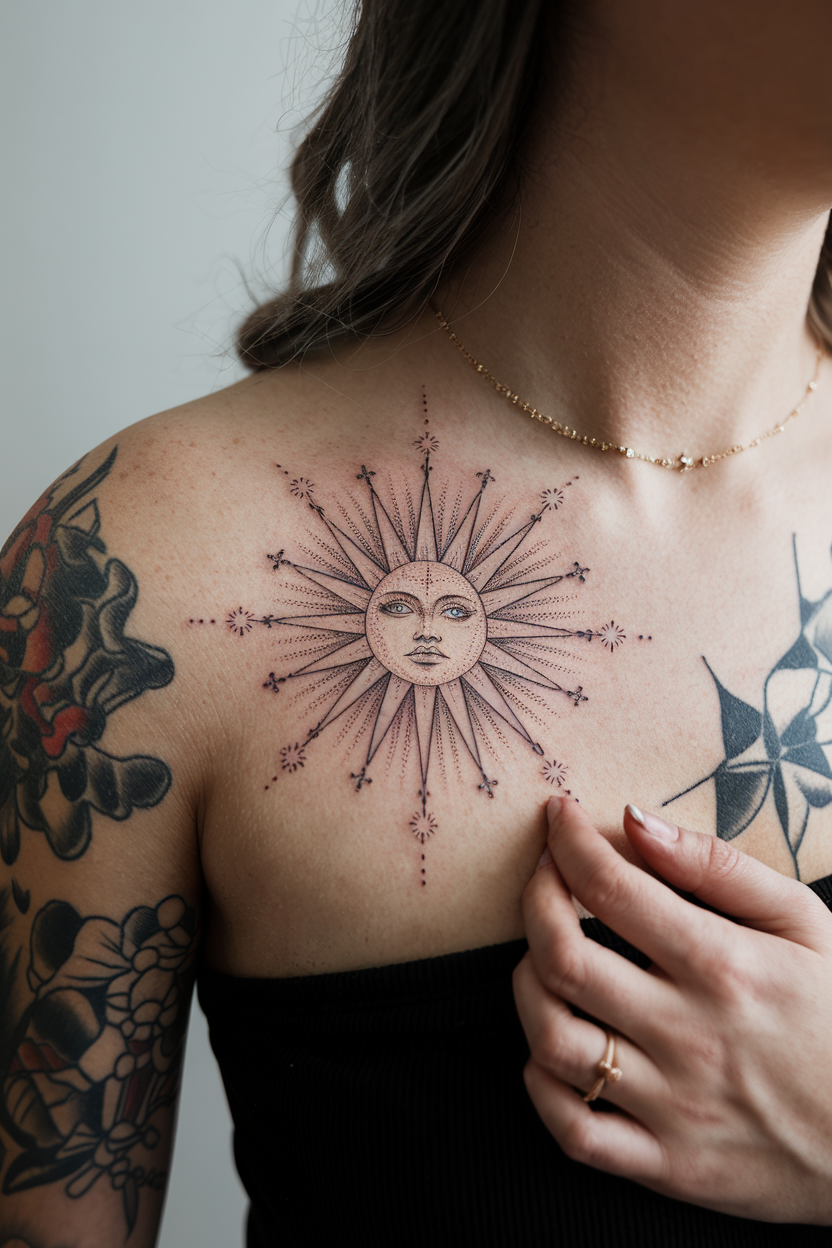 celestial sun collarbone tattoo in fine line black ink