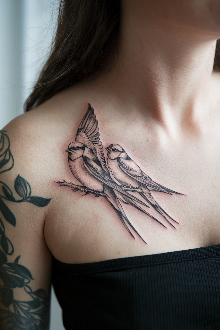swallow pair collarbone tattoo in fine line black ink
