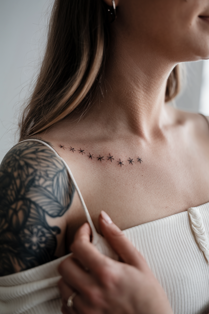 fine line stars collarbone tattoo in fine line black ink