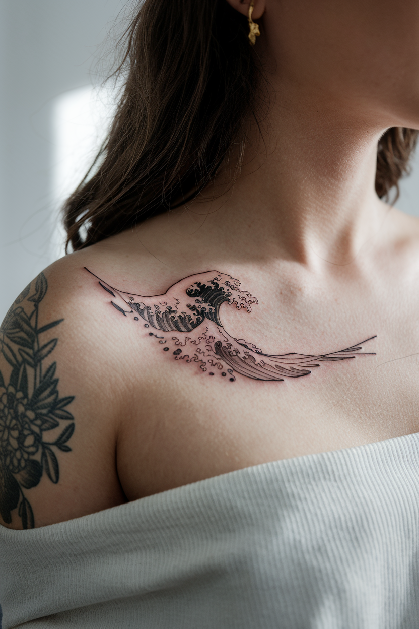 simple wave design collarbone tattoo in fine line black ink