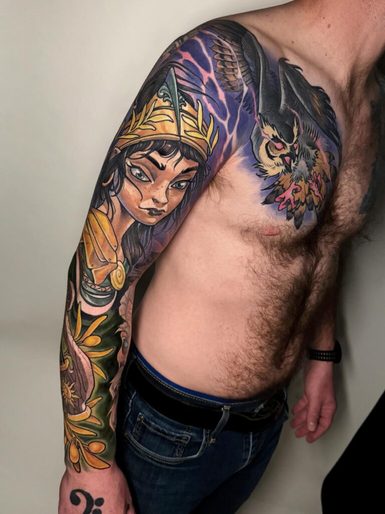 Mythology mashup colorful sleeve tattoo blending gods and creatures from several traditions in full colour.