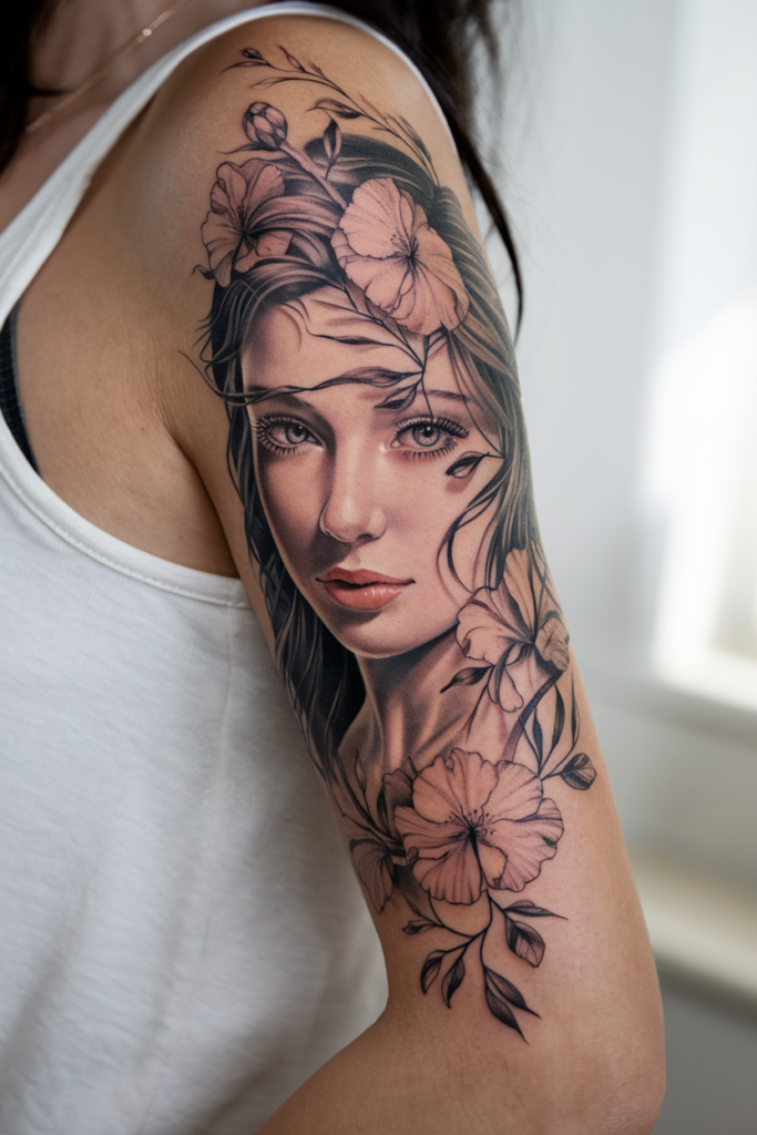 Black and grey realism portrait tattoo of a woman’s face wrapped around an upper arm