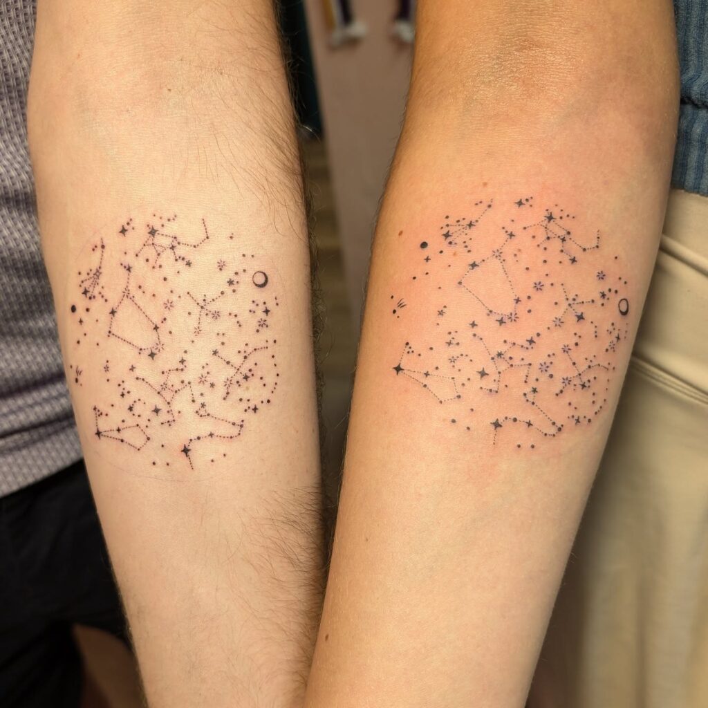 Constellation space tattoo with fine line stars joined by connecting lines