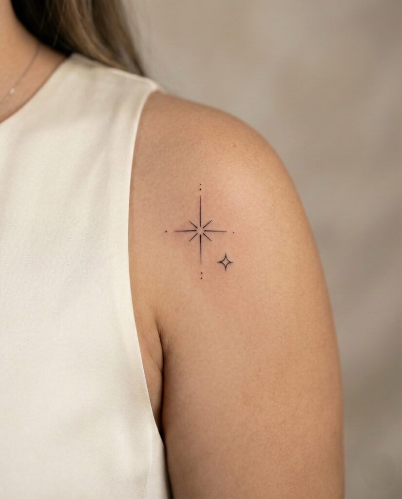 Minimalist star space tattoo in simple fine line with clean negative space
