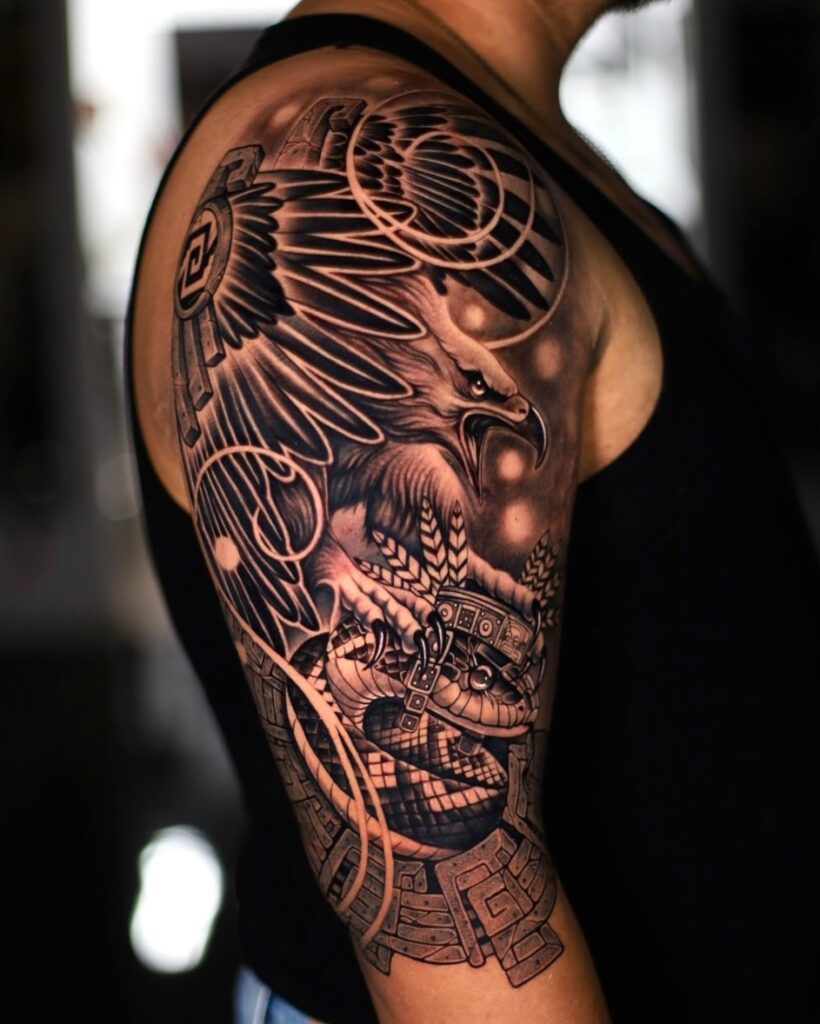 Mexican folk art colorful sleeve tattoo with bright floral motifs and decorative skull work.