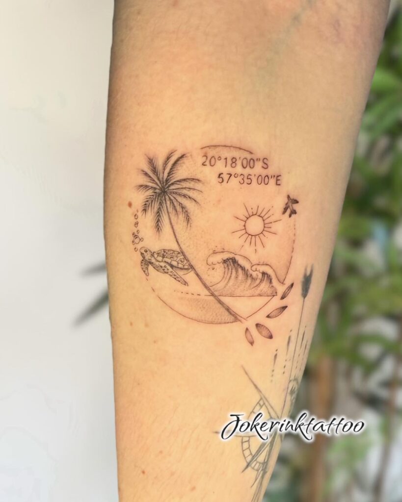 Achievement coordinate tattoo with latitude and longitude stacked in two tidy lines