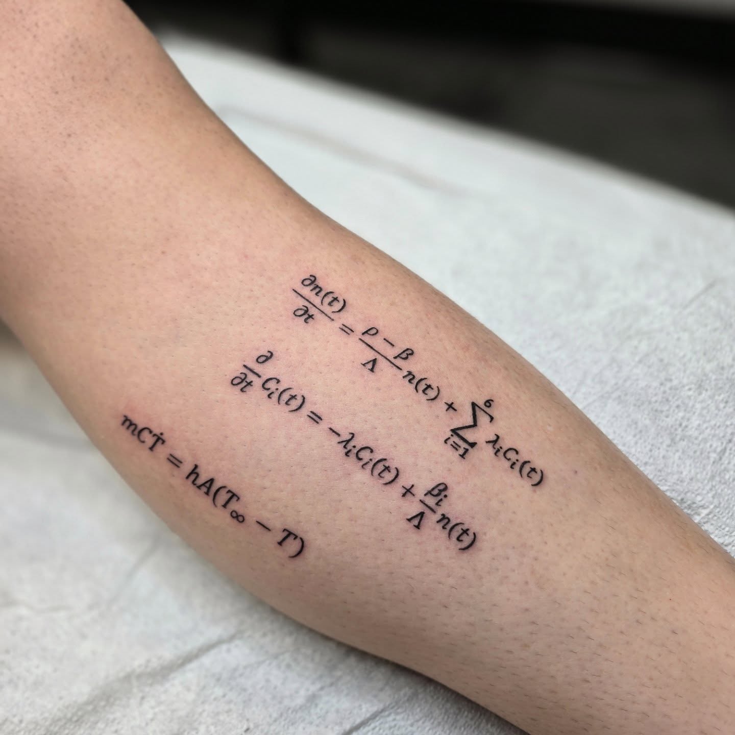 Unique tattoo idea for women: three physics equations tattooed in small fine line lettering on the forearm