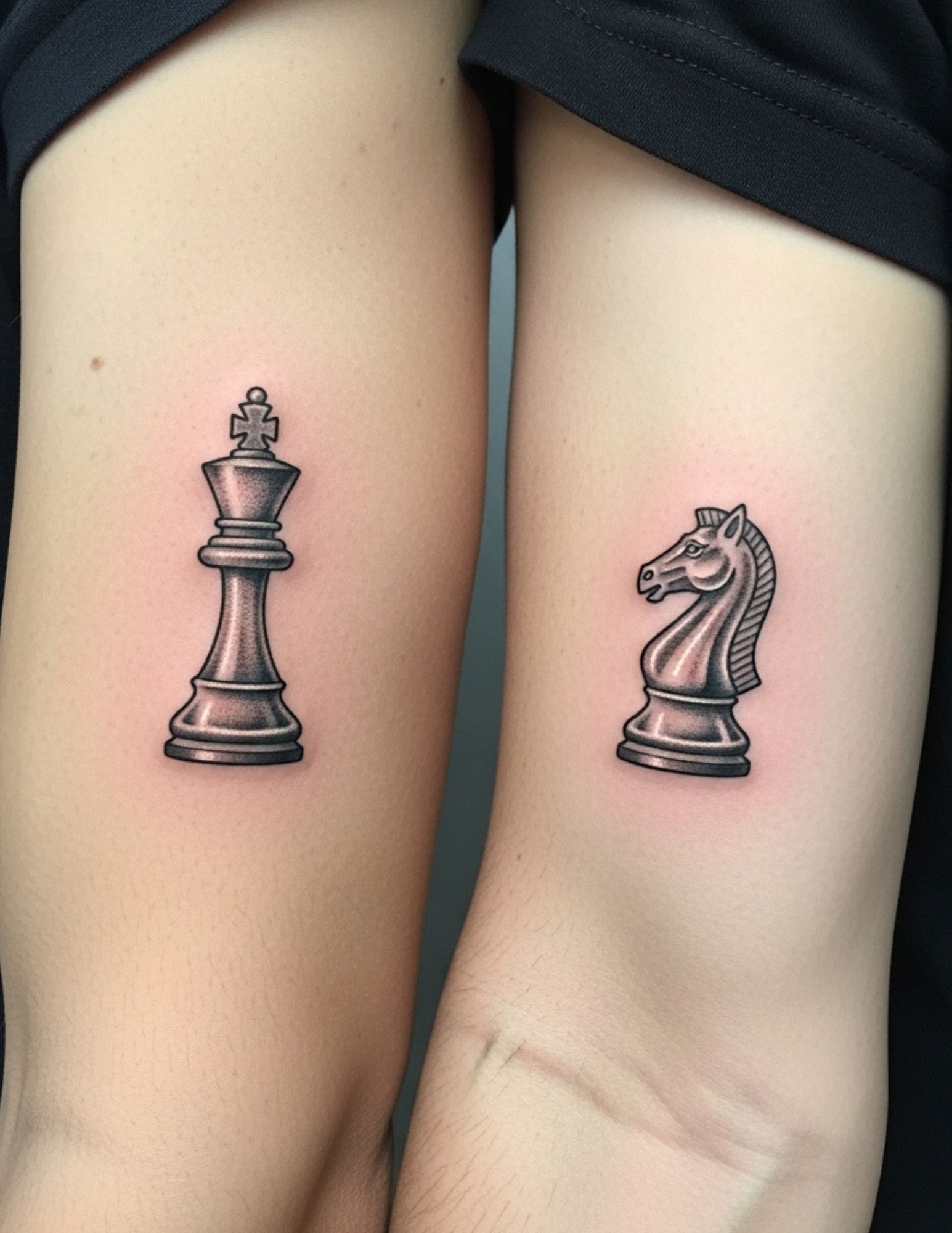 Chess piece brother tattoo with a king on one arm and a knight on the other