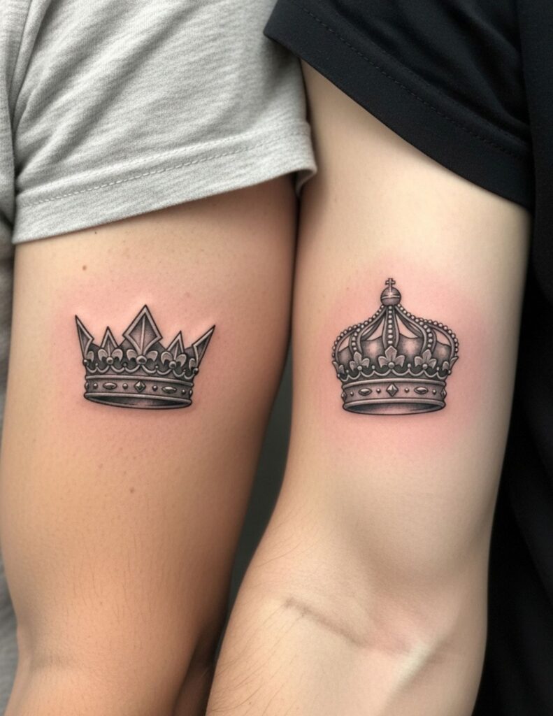 Brother tattoo of two crowns in slightly different styles on matching upper arms