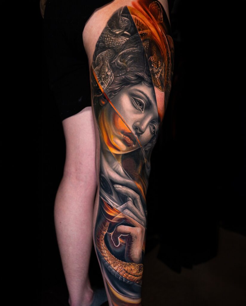 Colour portrait sleeve tattoo rendered with realistic skin tones across a full arm.