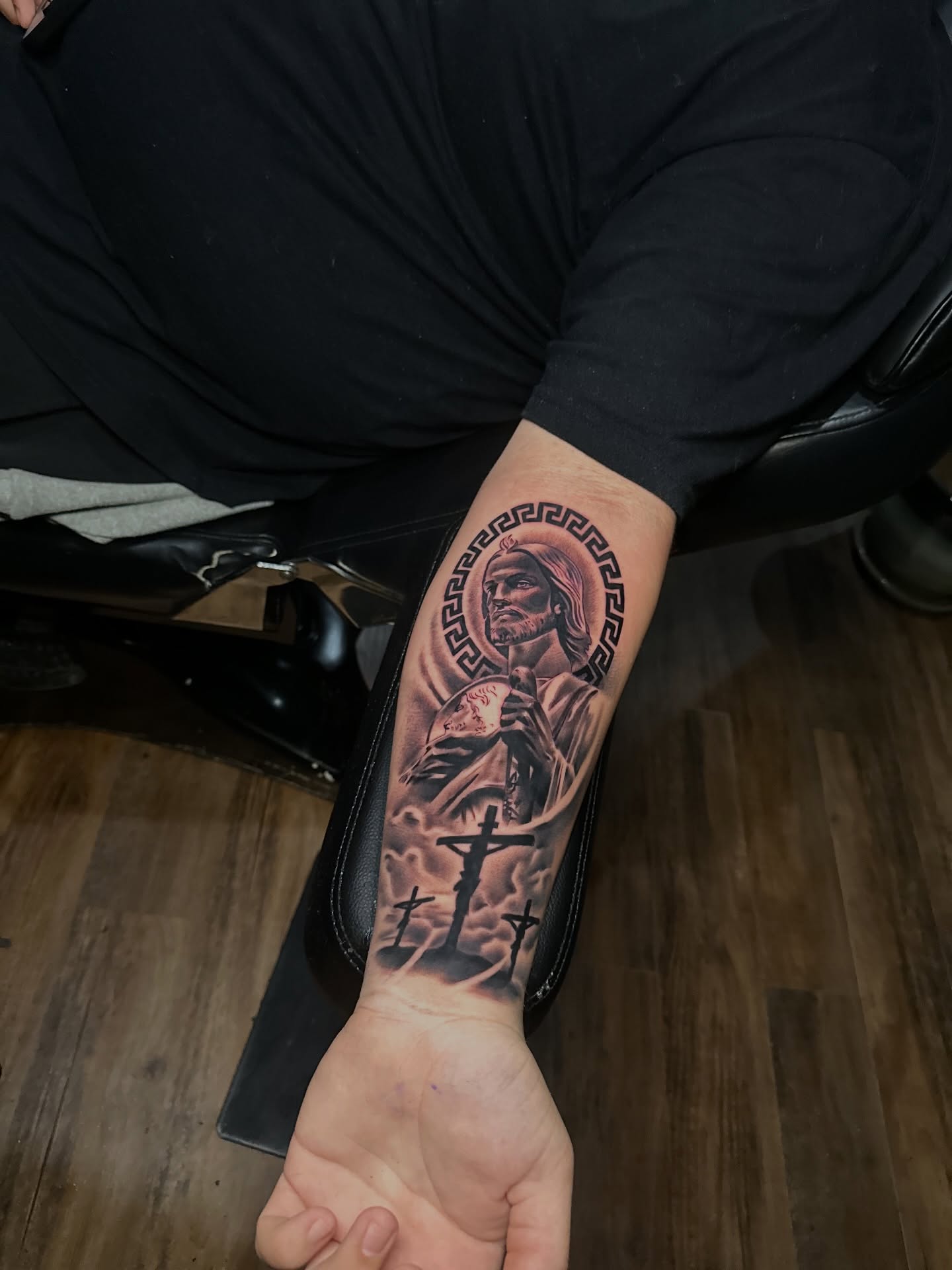 Outer forearm tattoo, a low-pain placement with tough skin over muscle