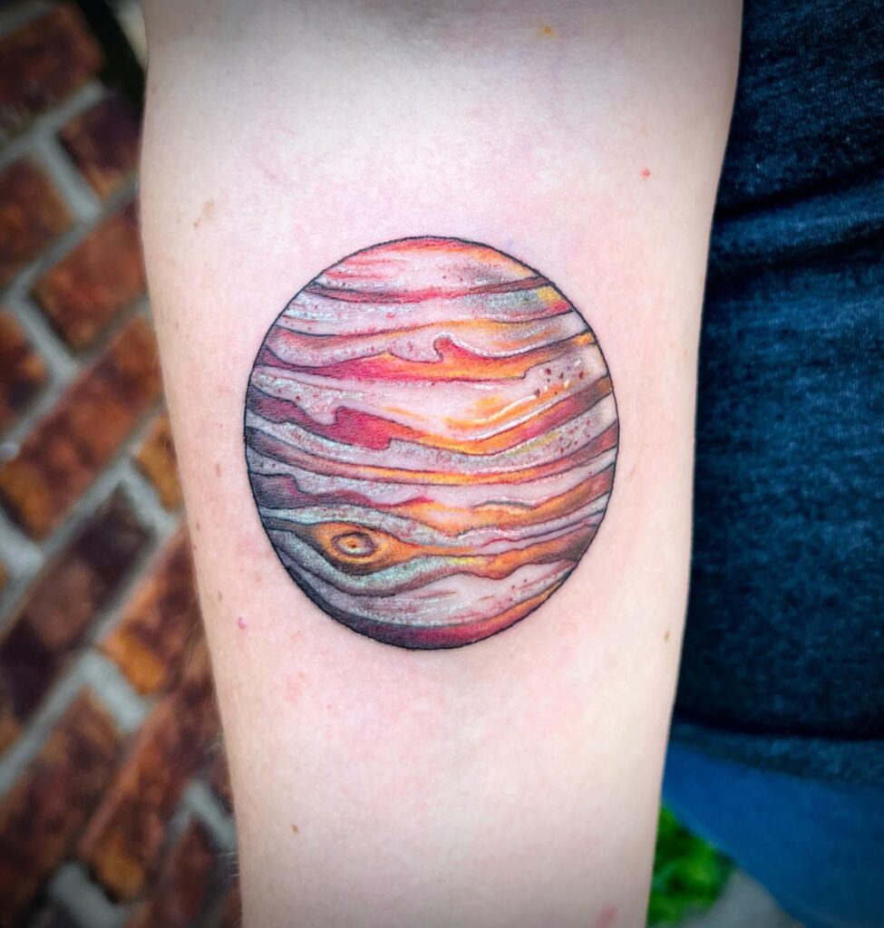 Jupiter space tattoo with banded cloud layers and the Great Red Spot