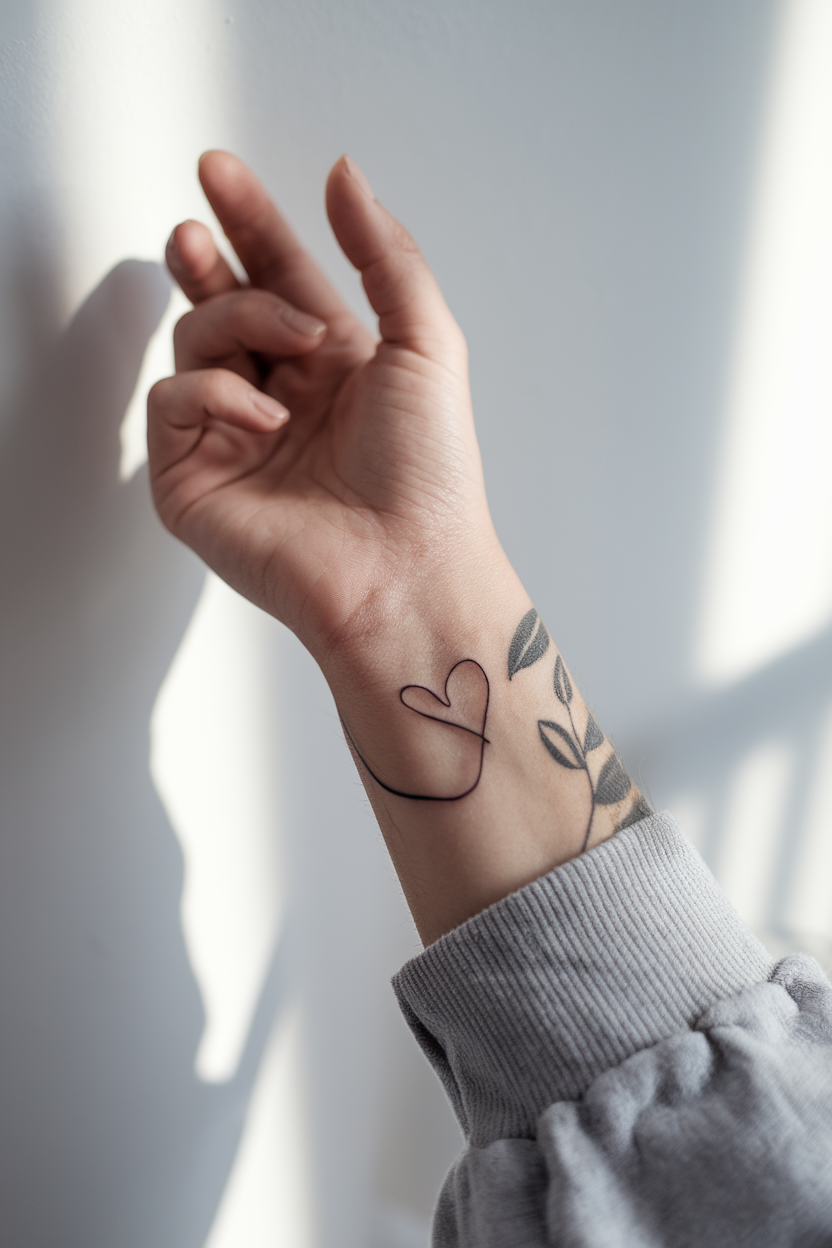 Single line heart tattoo on wrist