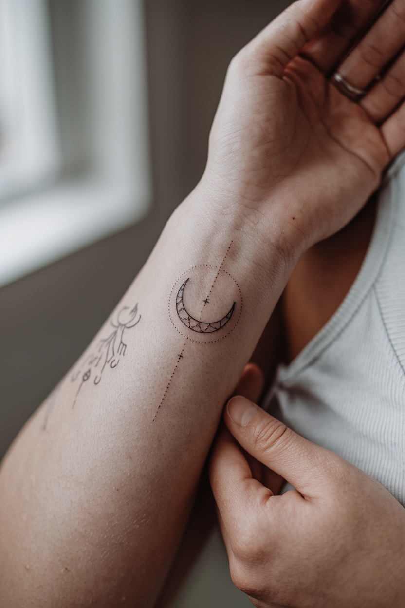 Fine Line Moon tattoo on inner wrist
