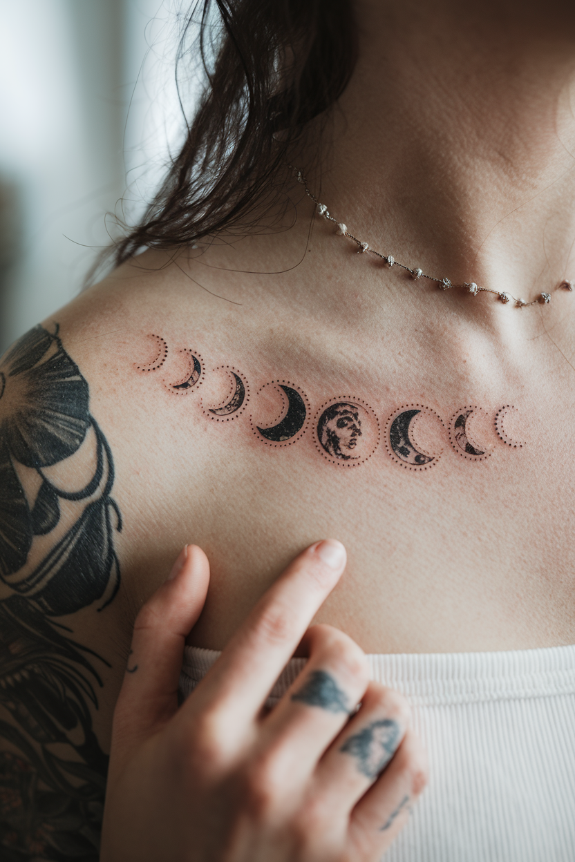 Moon Phases Sequence tattoo on collarbone