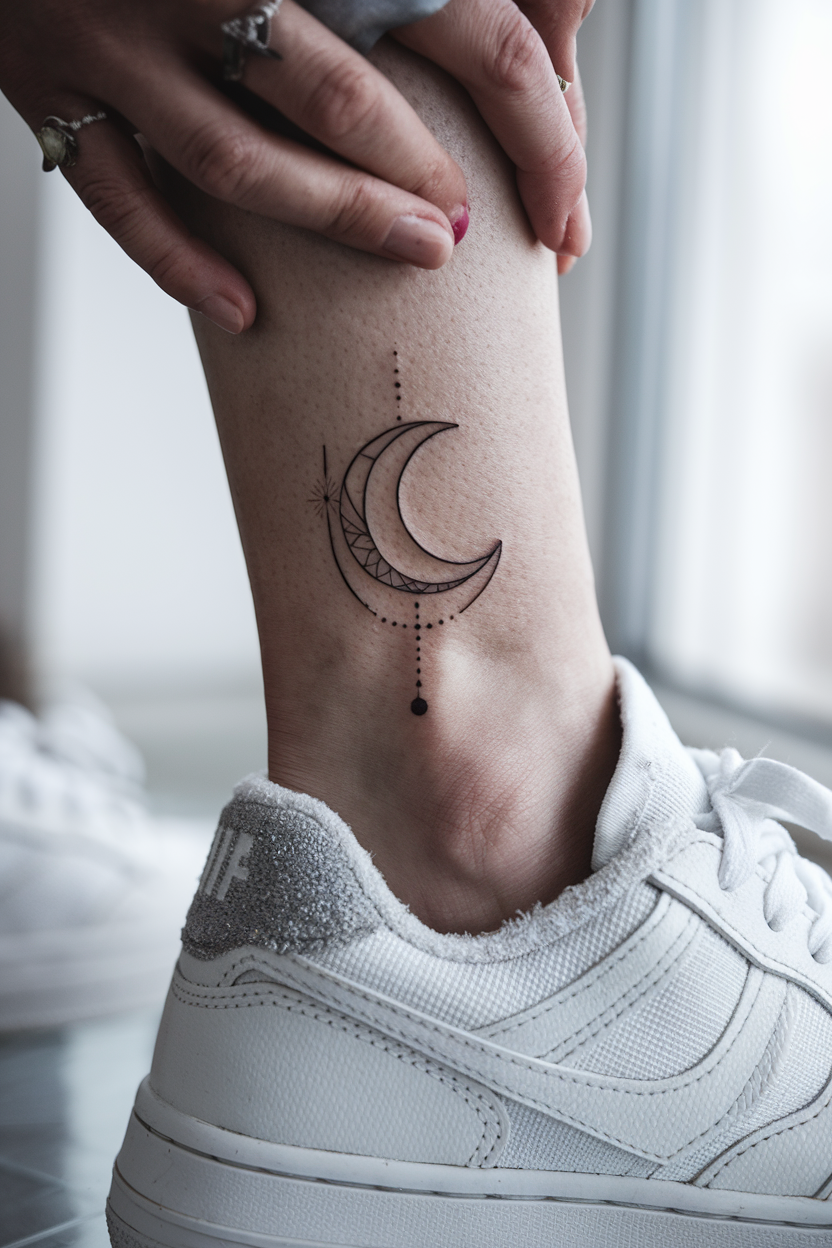 Minimalist Crescent Moon tattoo on ankle