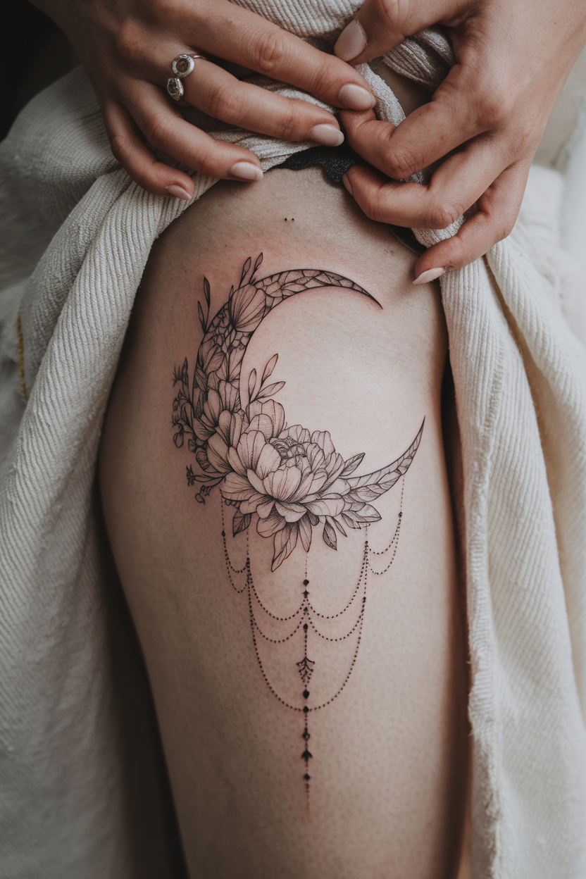 Floral Moon tattoo on thigh