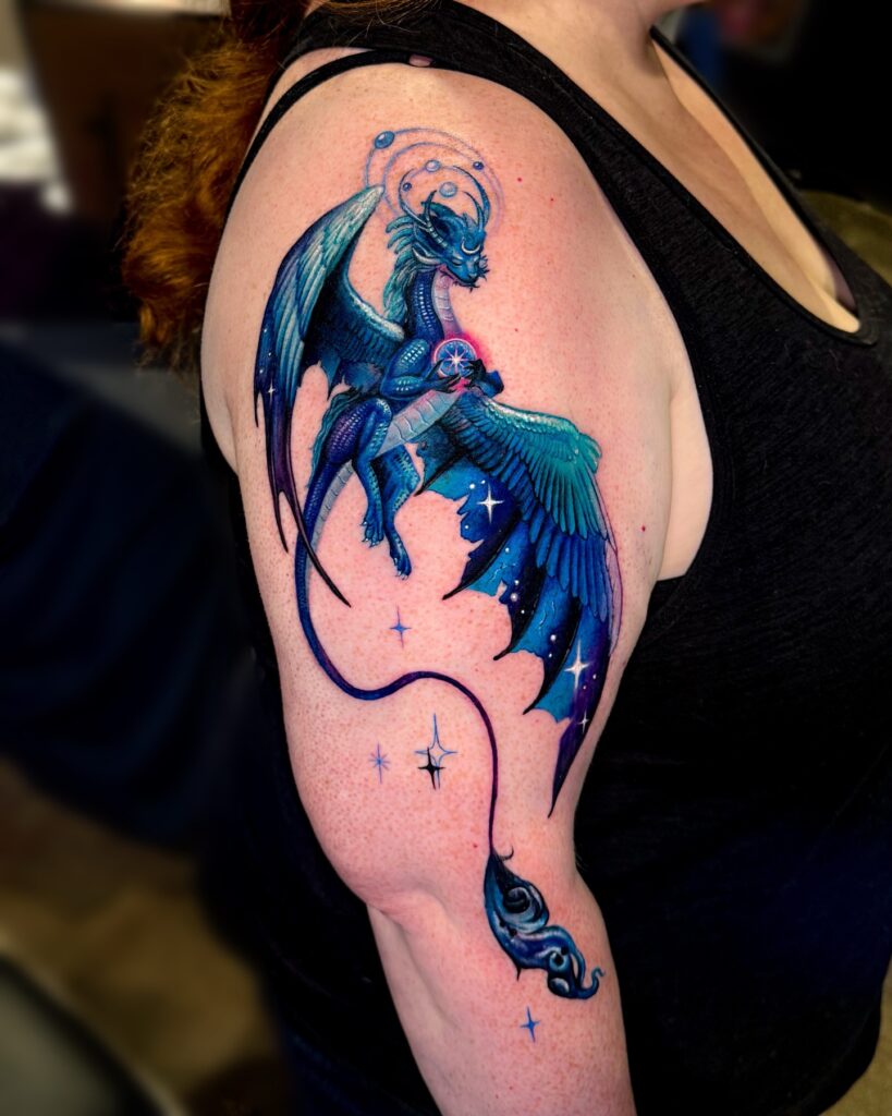 Dragon and phoenix tattoo for women placed together as a balanced pair