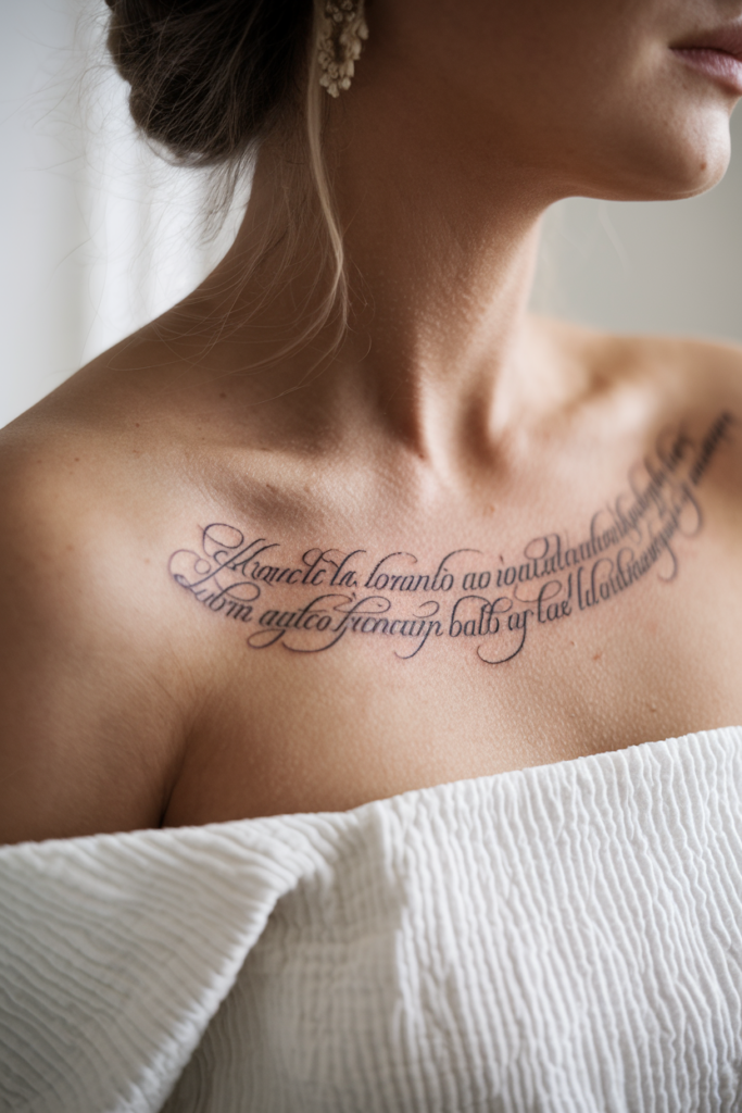 Flowing black script lettering tattooed across a woman’s collarbone and upper chest