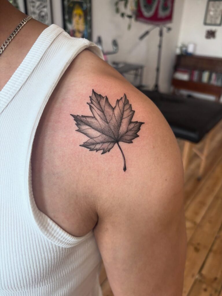 Fine line leaf tattoo for men, a botanical small meaningful tattoo on the inner arm