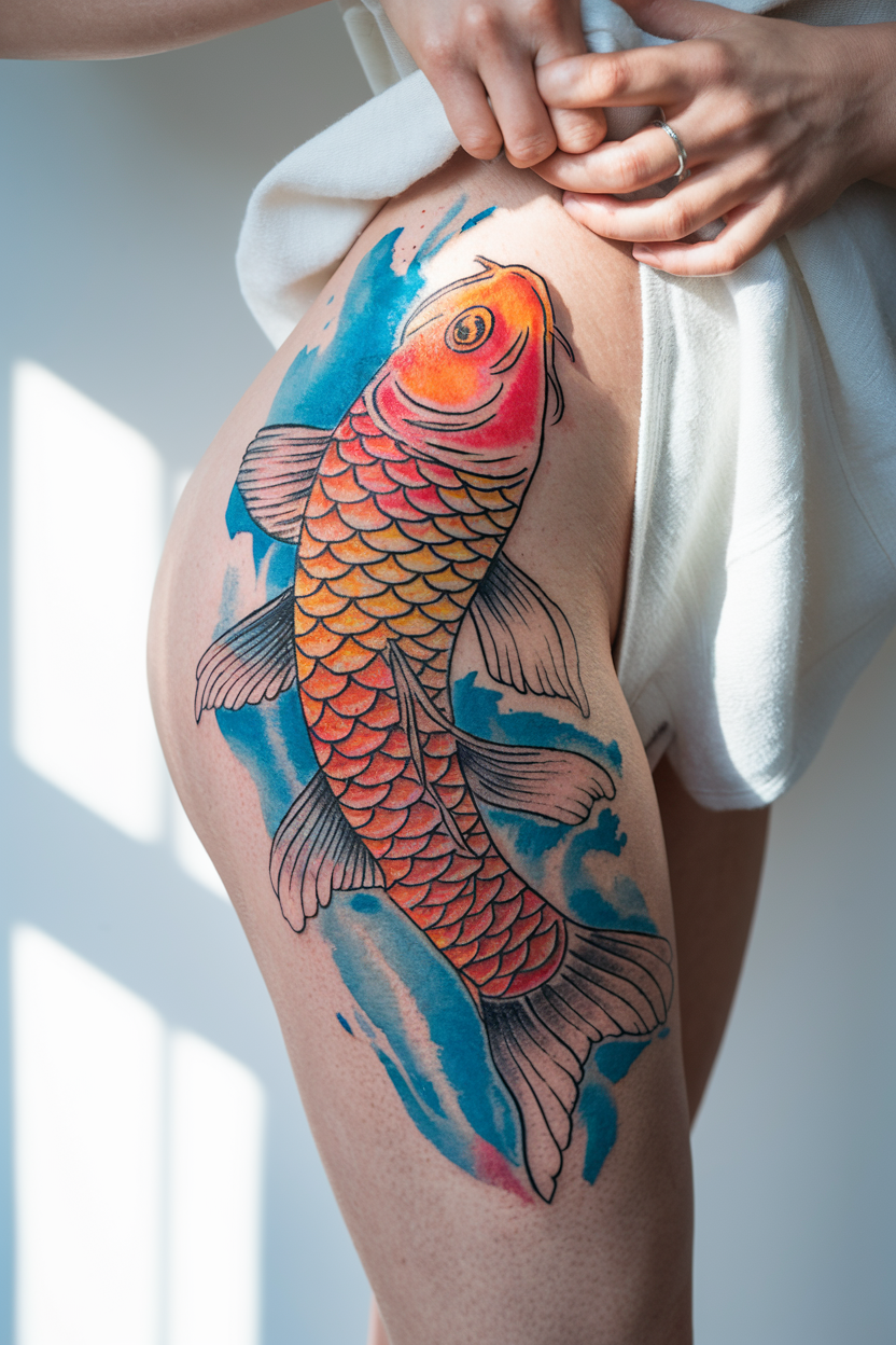 Watercolor koi fish tattoo with orange and gold on a woman's thigh