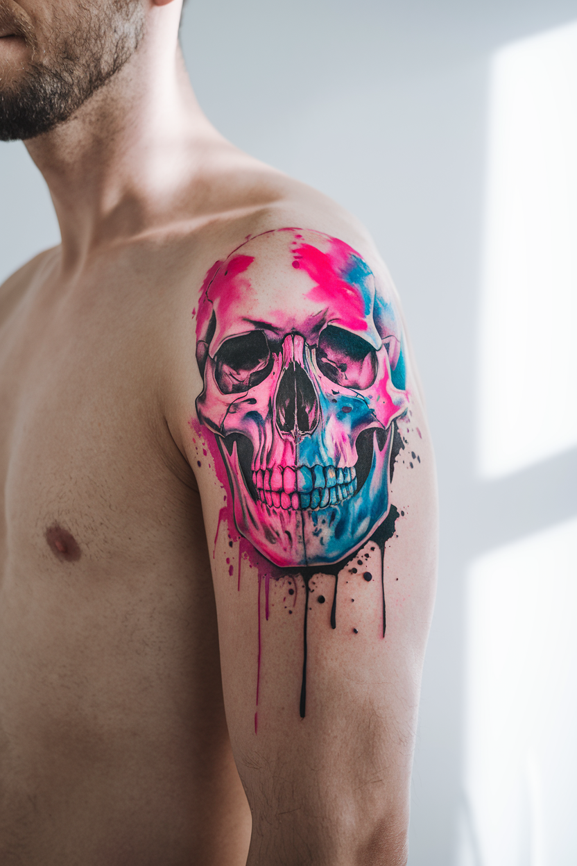 Watercolor skull tattoo with pink and blue color splashes on a man's upper arm