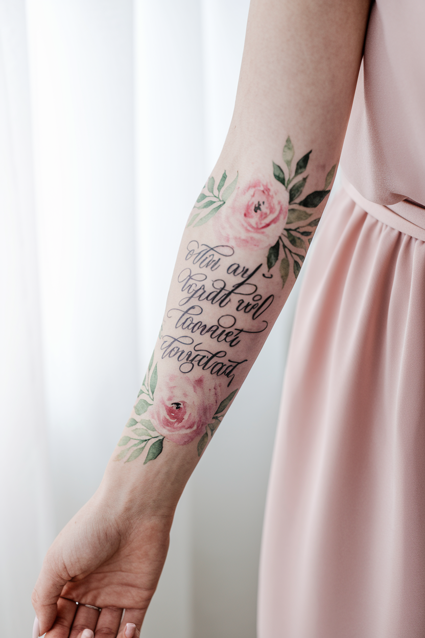 Watercolor quote tattoo with pink floral accents on a woman's forearm