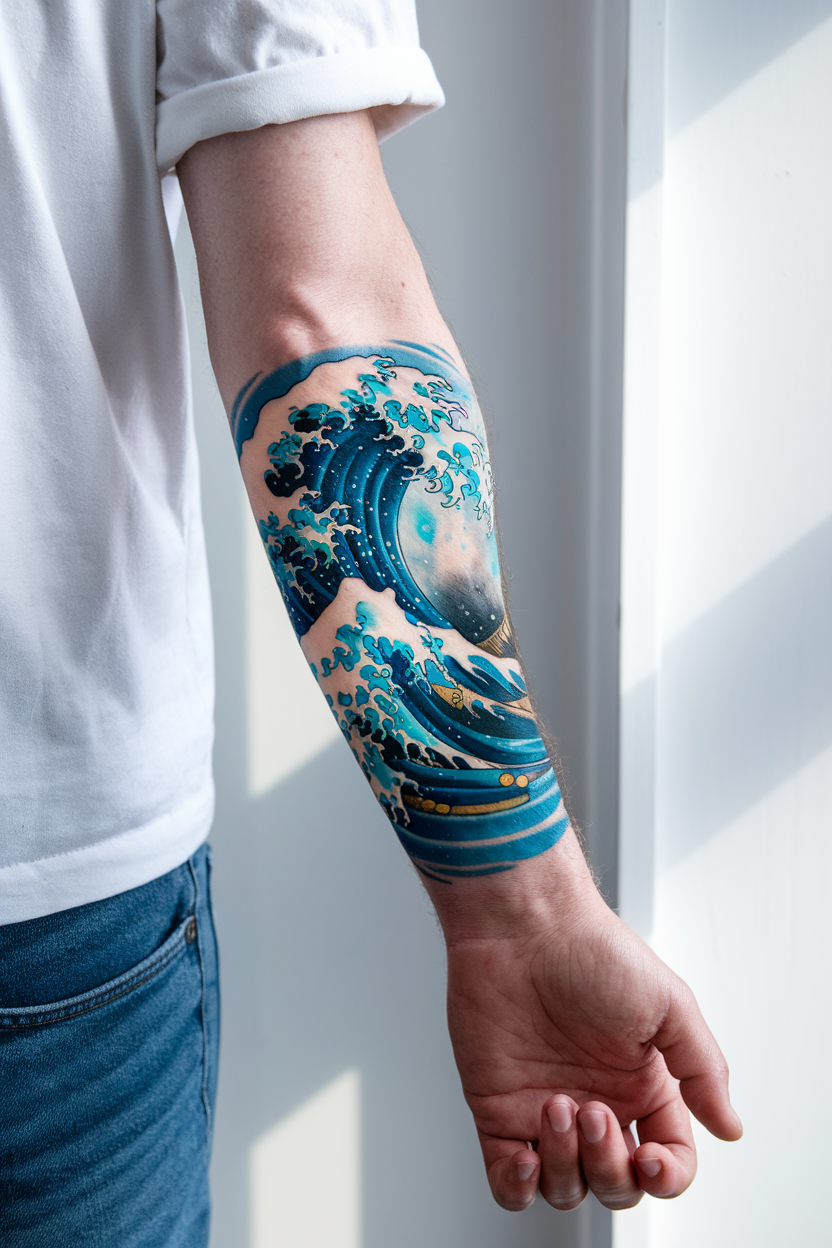 Watercolor ocean wave tattoo with blue and aqua on a man's forearm