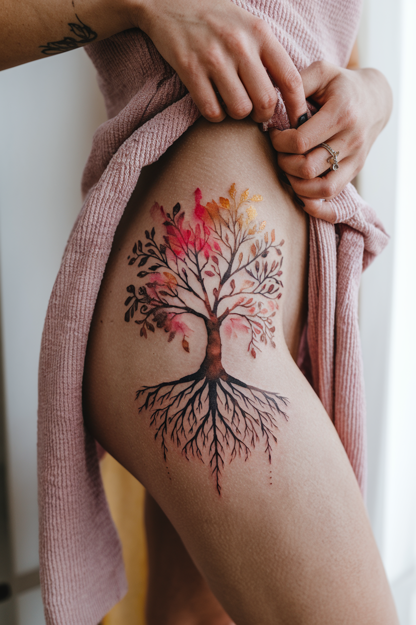 Watercolor tree of life tattoo with autumn gold and red leaves on a woman's thigh