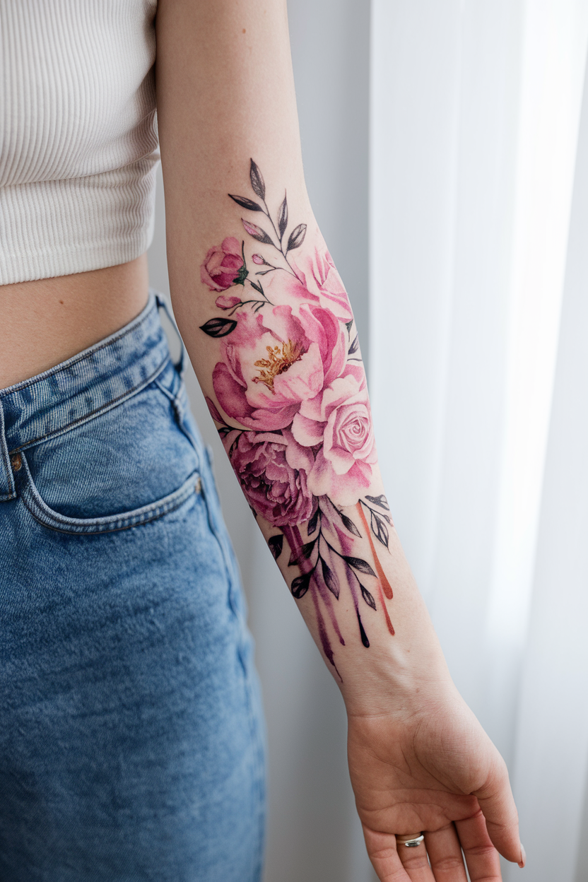 Watercolor floral bouquet tattoo with peonies and roses on a woman's forearm