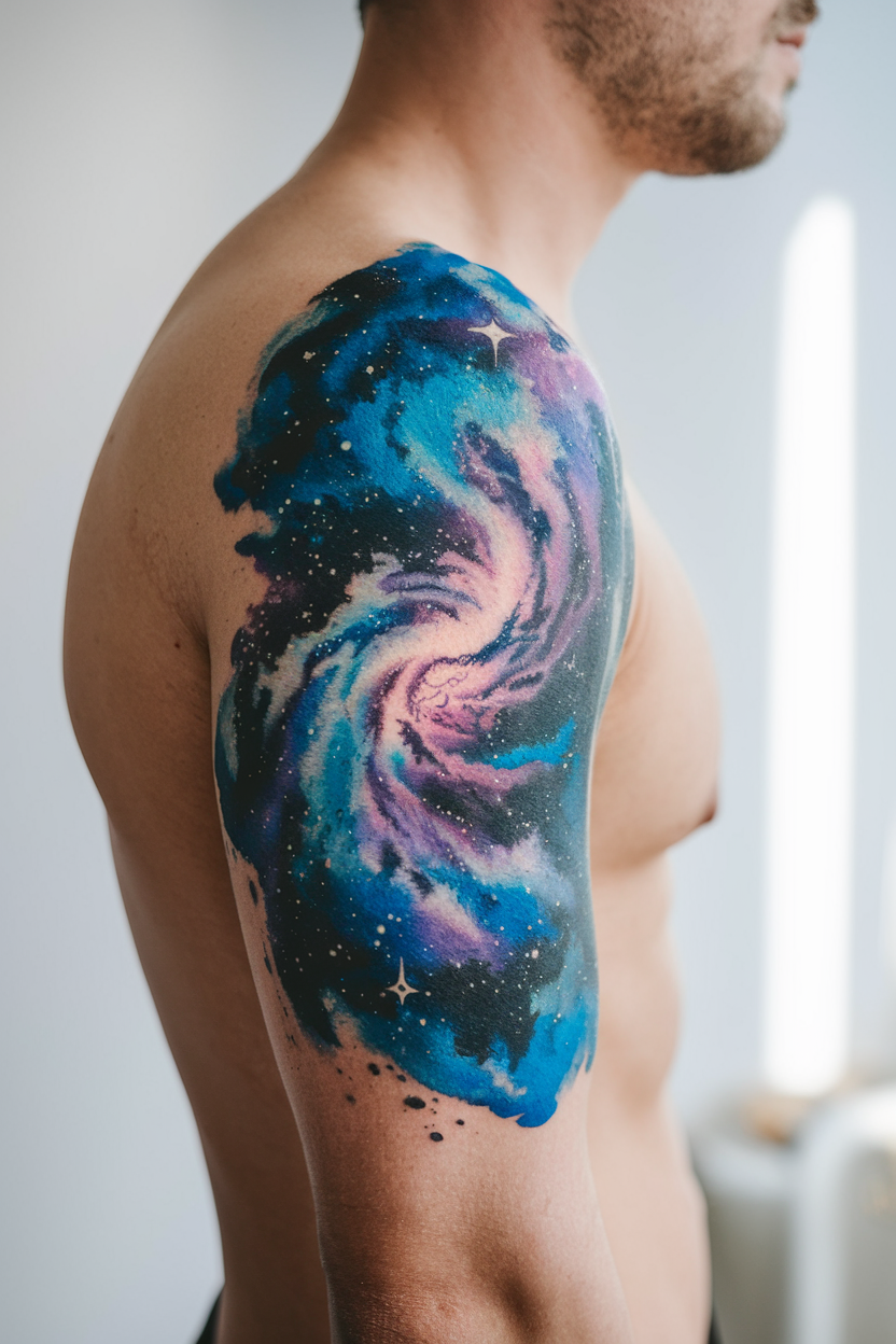 Watercolor galaxy tattoo with swirling blues and purples on a man's upper arm
