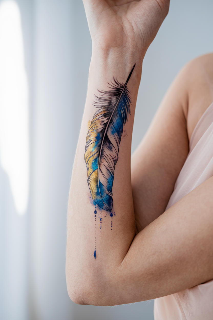 Watercolor feather tattoo with blue and gold colors on a woman's forearm
