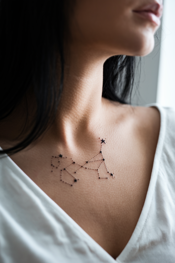 Delicate constellation tattoo of small stars across a collarbone