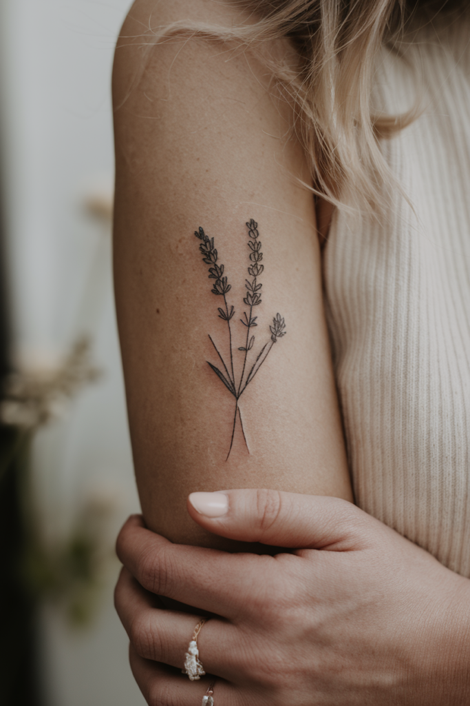 Fine-line lavender sprig tattoo on a forearm