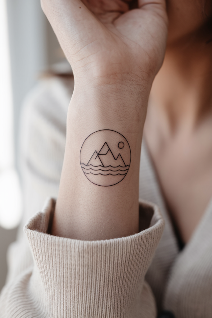 Fine-line mountain and sun circle tattoo on a forearm