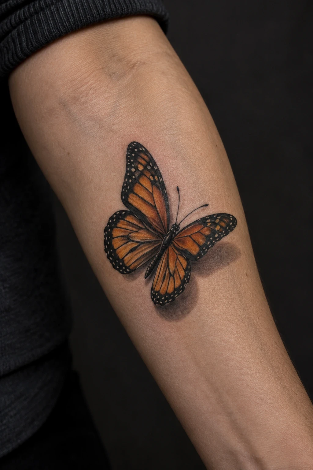 Orange butterfly tattoo with a cast-shadow illusion on an inner forearm