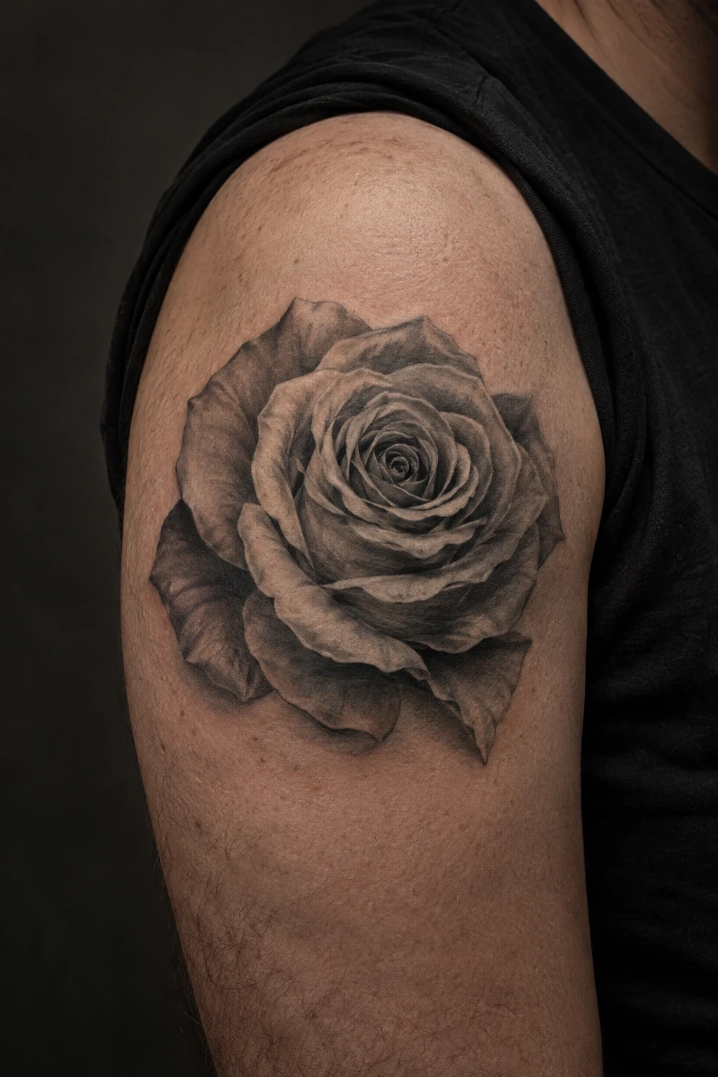 Black and grey rose tattoo with sculptural shaded petals on an upper arm