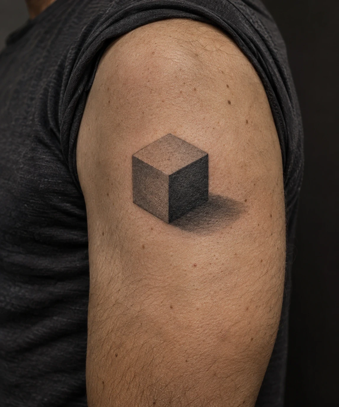 Isometric cube tattoo with three shaded faces on an upper arm