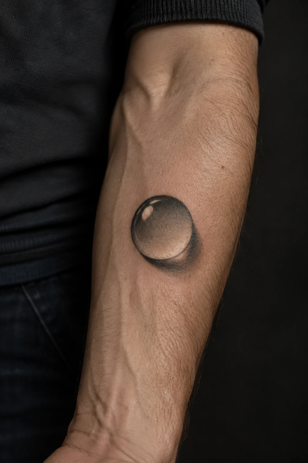 Water-droplet tattoo with a rounded highlight and soft shadow on an inner forearm