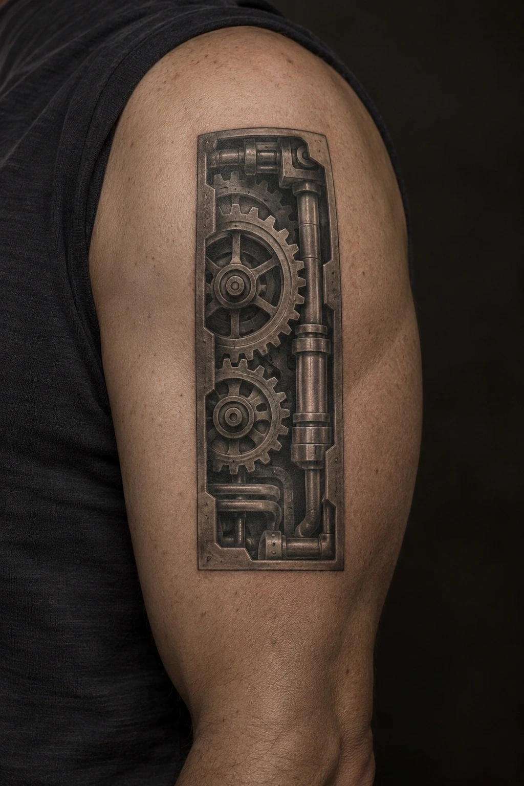 Black and grey mechanical-panel tattoo with gears inside a shaded frame on an upper arm
