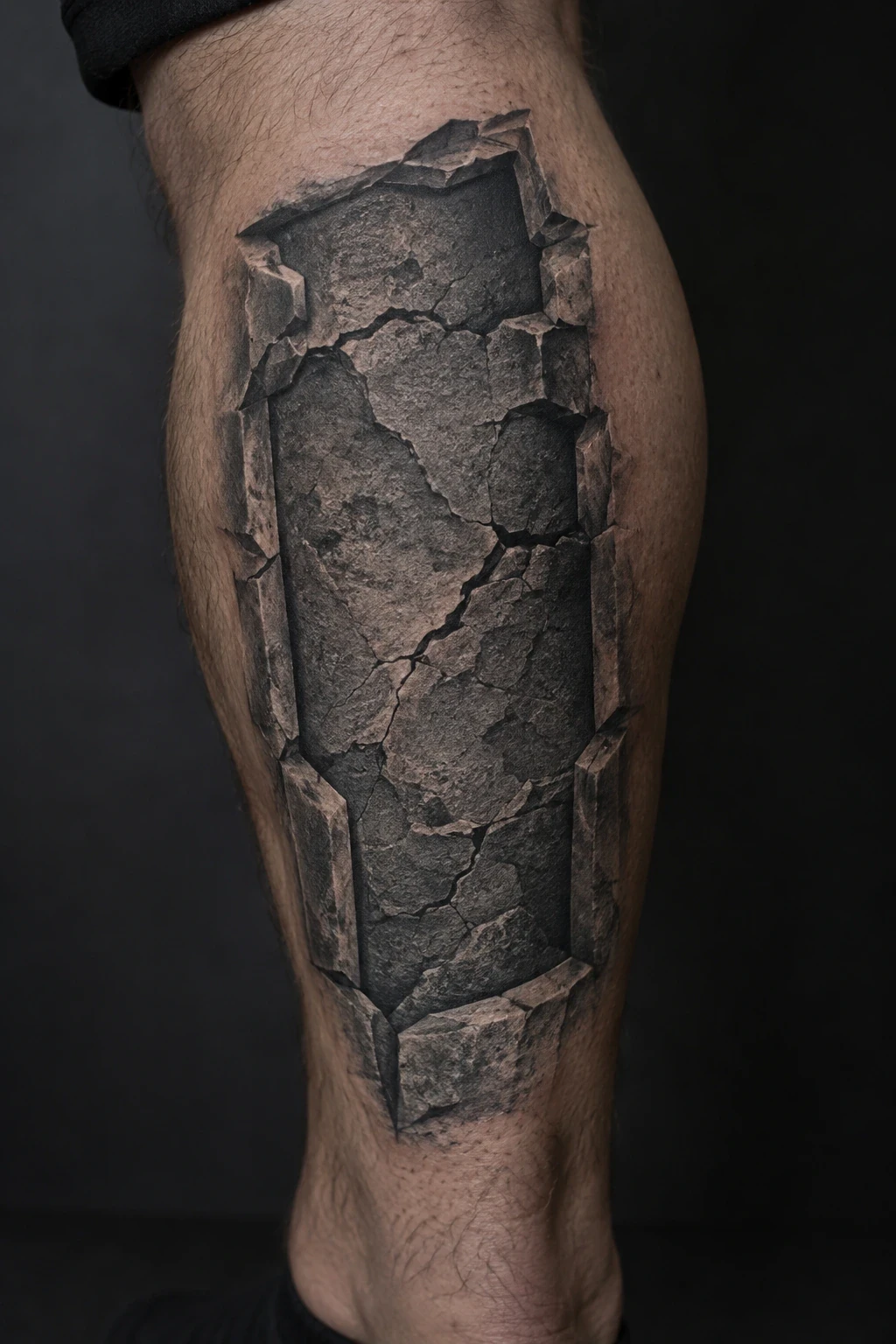 Stone-texture tattoo with shaded cracks and bevelled edges on a calf