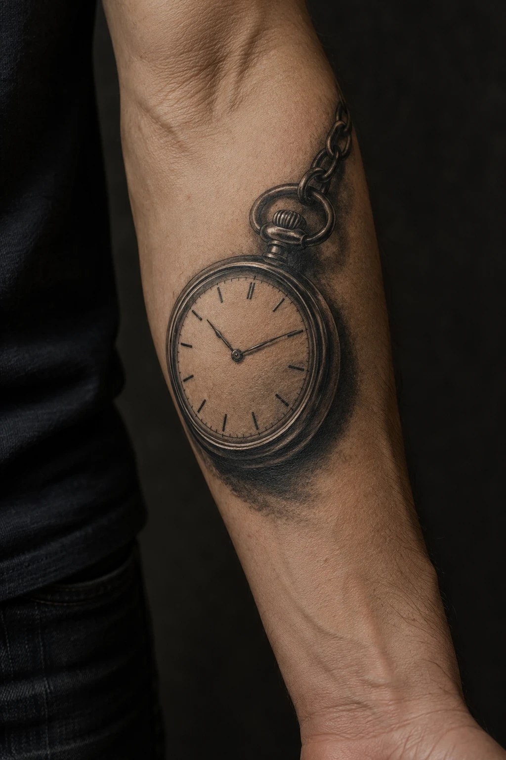 Black and grey pocket-watch tattoo with a shaded bezel on an inner forearm
