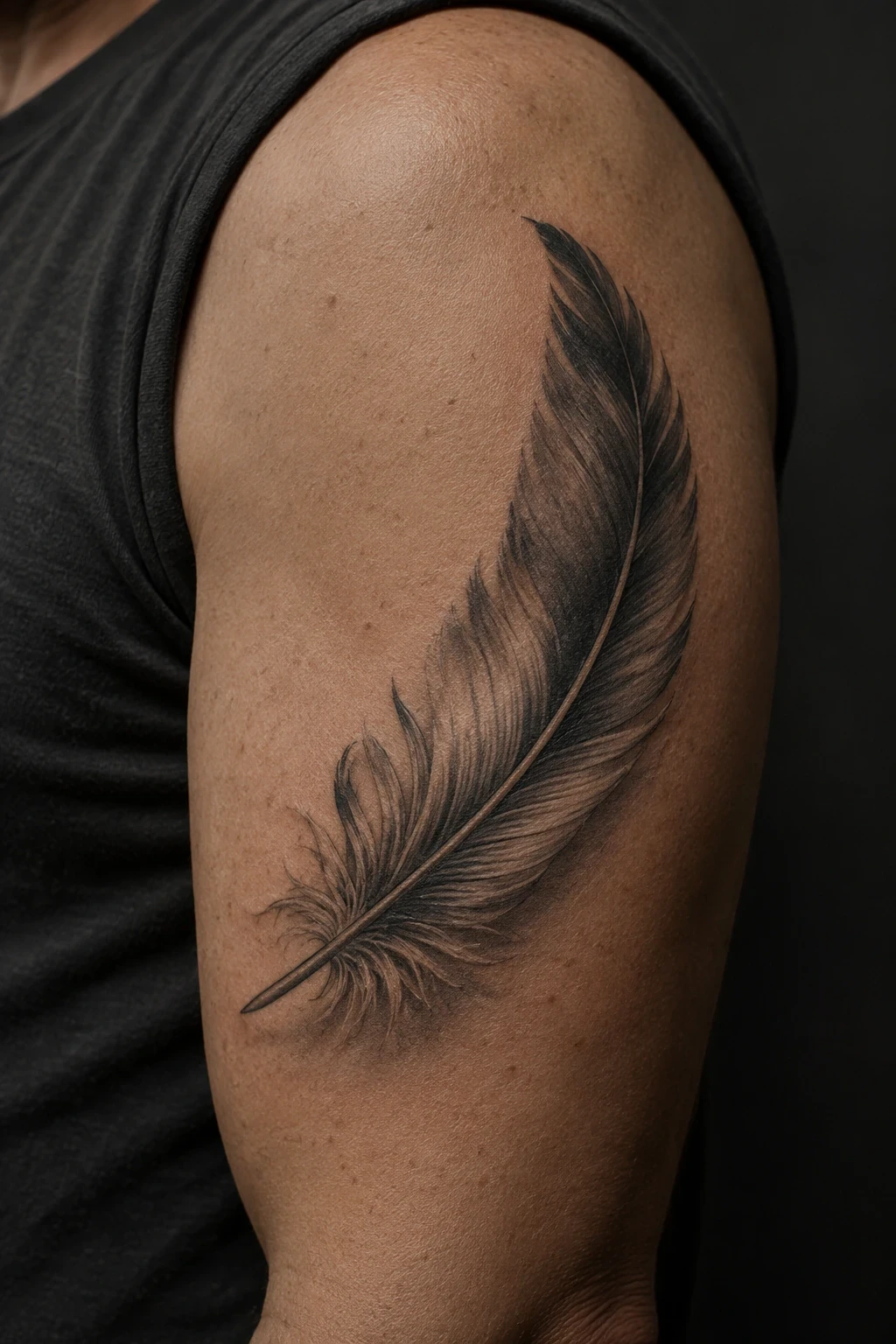 Curved feather tattoo with a soft cast shadow on an upper arm