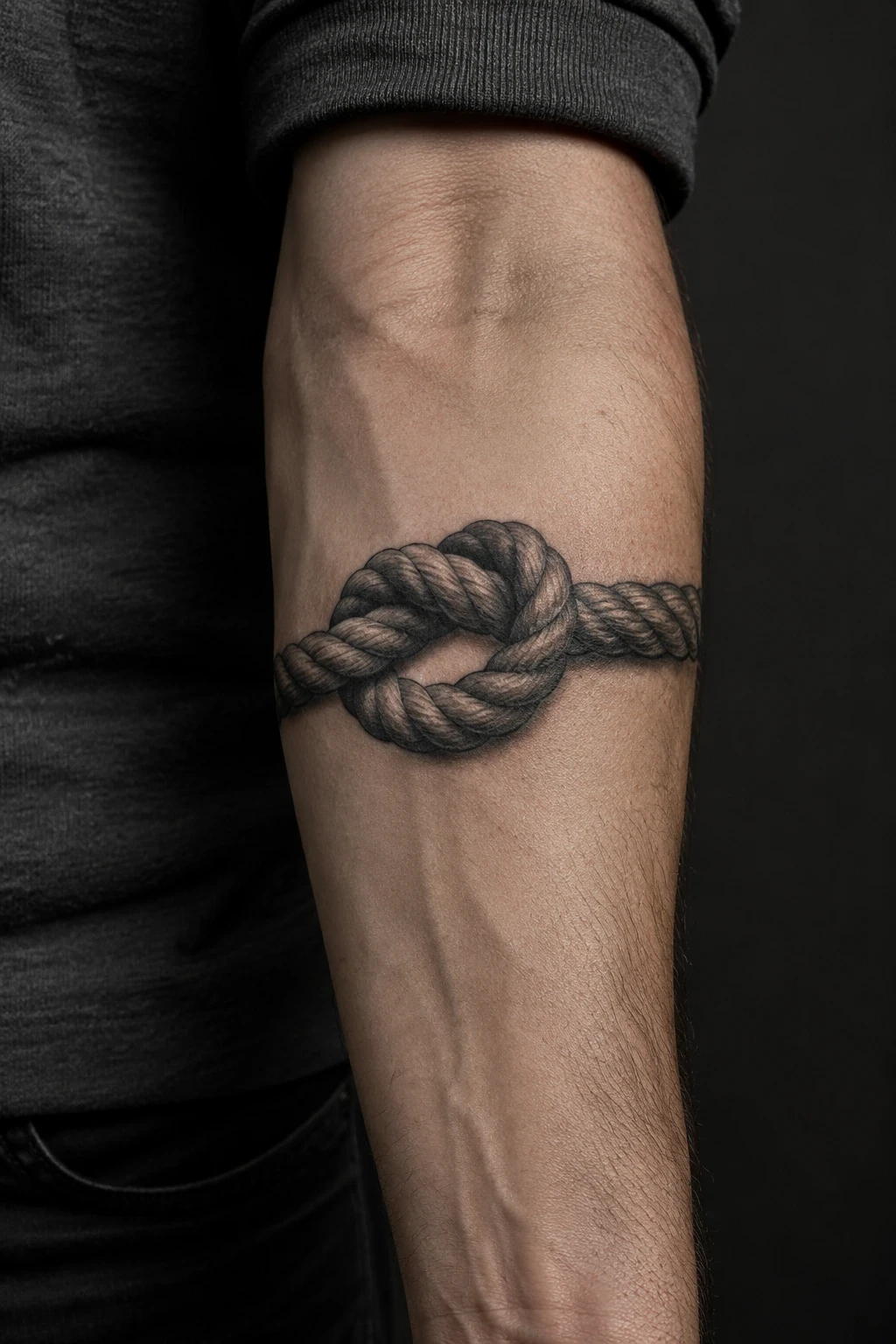 Rope-knot tattoo with shaded overlapping strands on an inner forearm