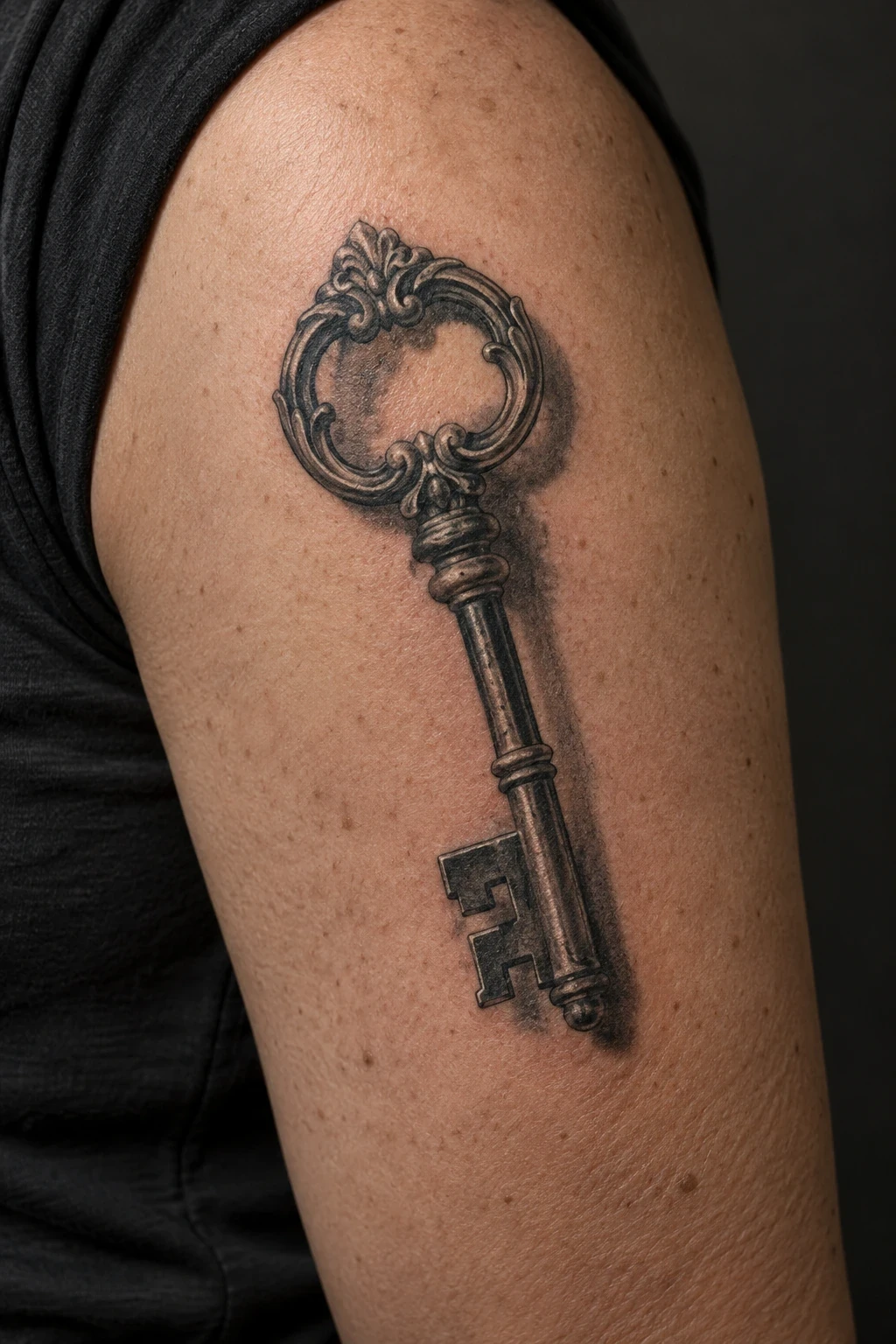 Vintage key tattoo with a cast shadow on an upper arm